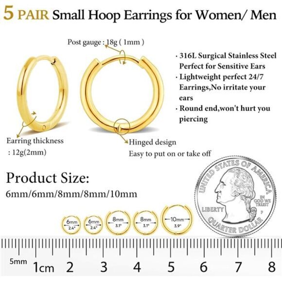 5 Pairs Small Gold Hoop Earrings Hypoallergenic 316L Stainless Steel - Picture 2 of 6